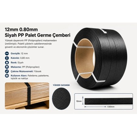 12mm 080mm Siyah PP Palet Germe Çemberi